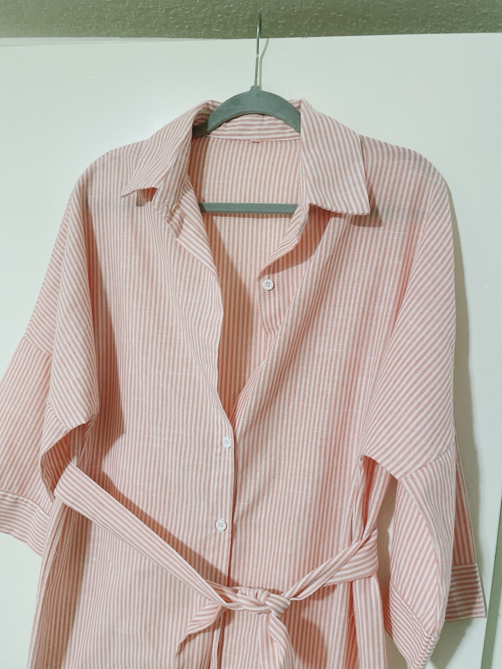 Cotton Pink & White Striped Midi Dress With Belt Size L - Picture 2 of 8